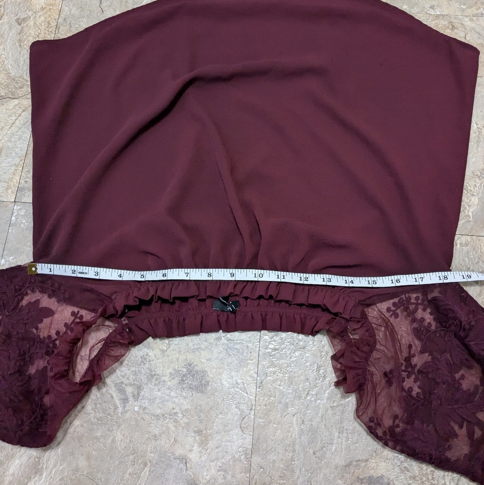 Iris Medium Burgundy Sheer Floral Lace Sleeve Off the Shoulder‎ Flowy Top Blouse - Picture 8 of 9